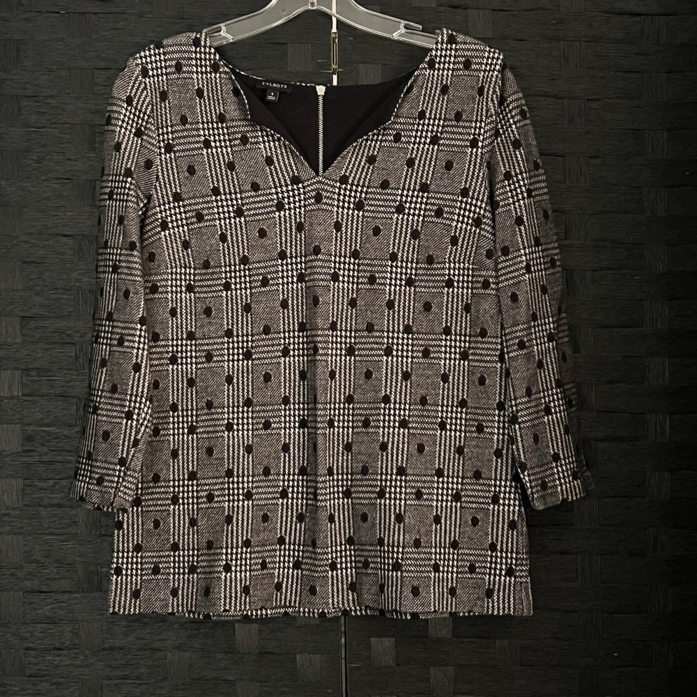 Talbots Women's Black Gray White Dress Top Zipper Back Sz S Very Good Condition!